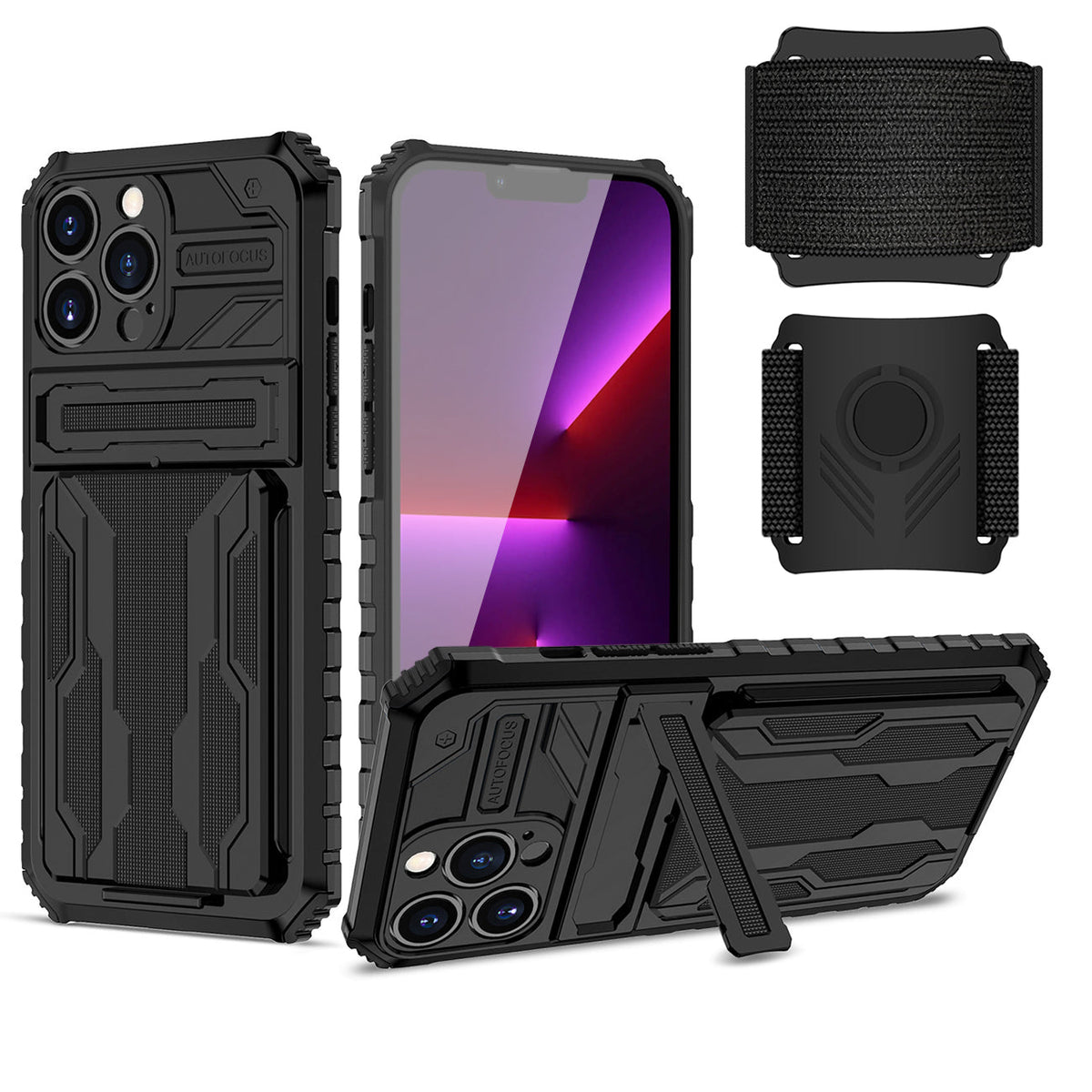 High Elastic Plastic iPhone 13 Pro Case with Kickstand, Sports Mobile Wristband and Card Slot In Black