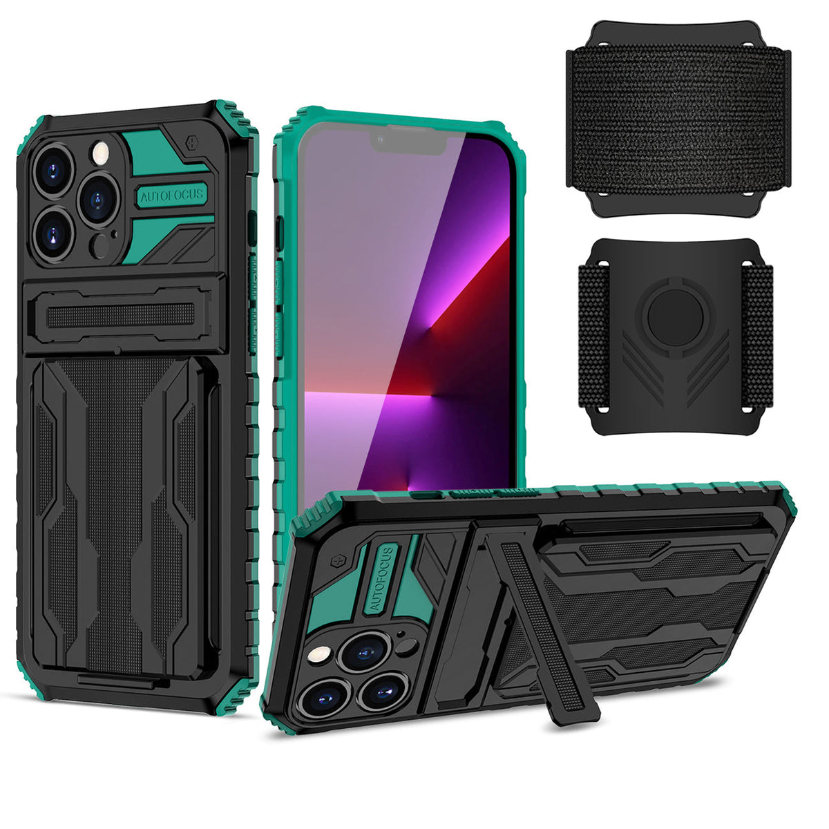 High Elastic Plastic iPhone 13 Pro Case with Kickstand, Sports Mobile Wristband and Card Slot In Green