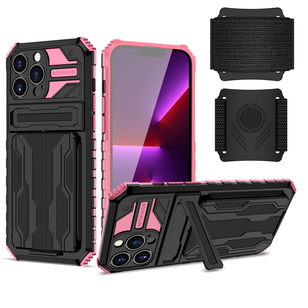 High Elastic Plastic iPhone 13 Pro Case with Kickstand, Sports Mobile Wristband and Card Slot In Pink