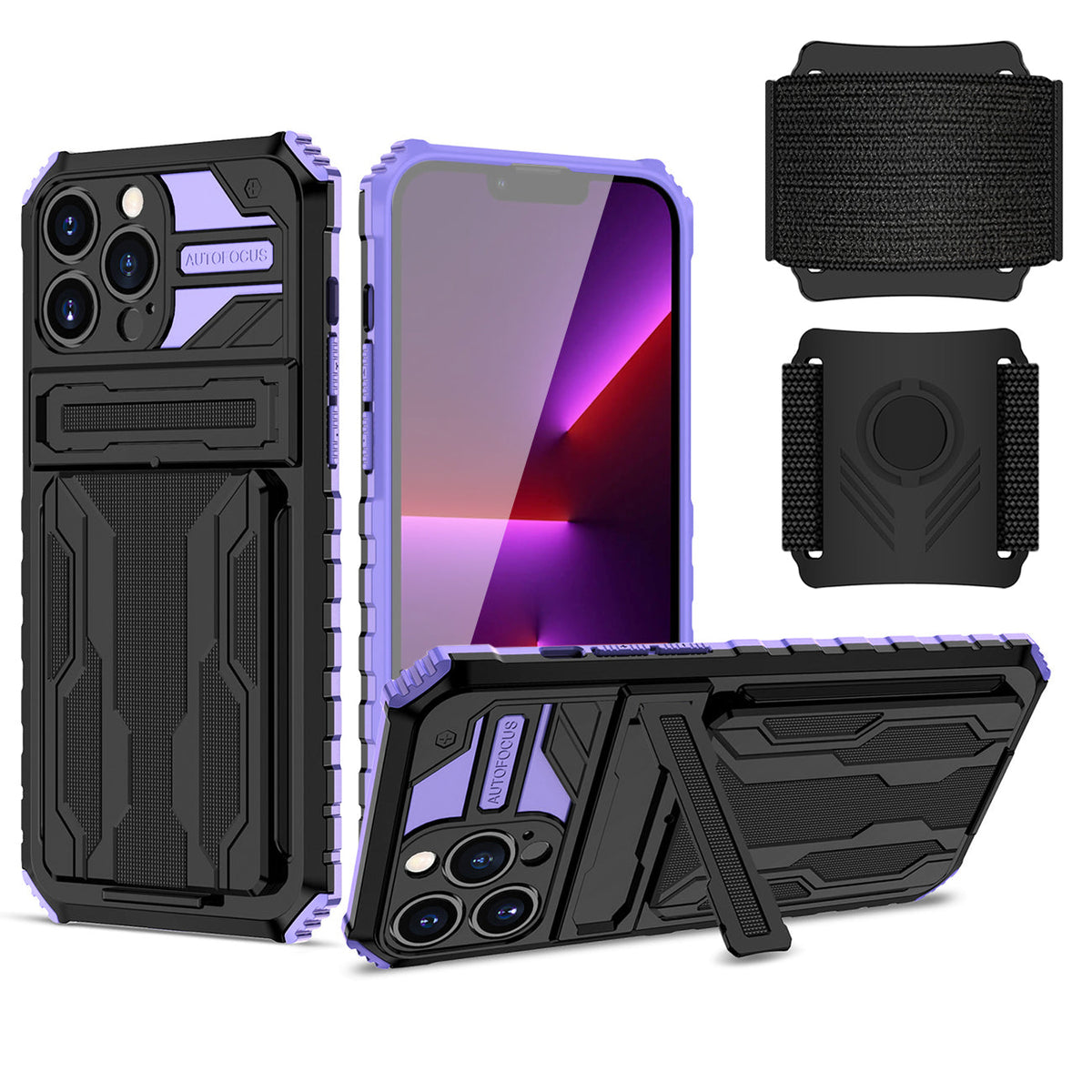 High Elastic Plastic iPhone 13 Pro Case with Kickstand, Sports Mobile Wristband and Card Slot In Purple