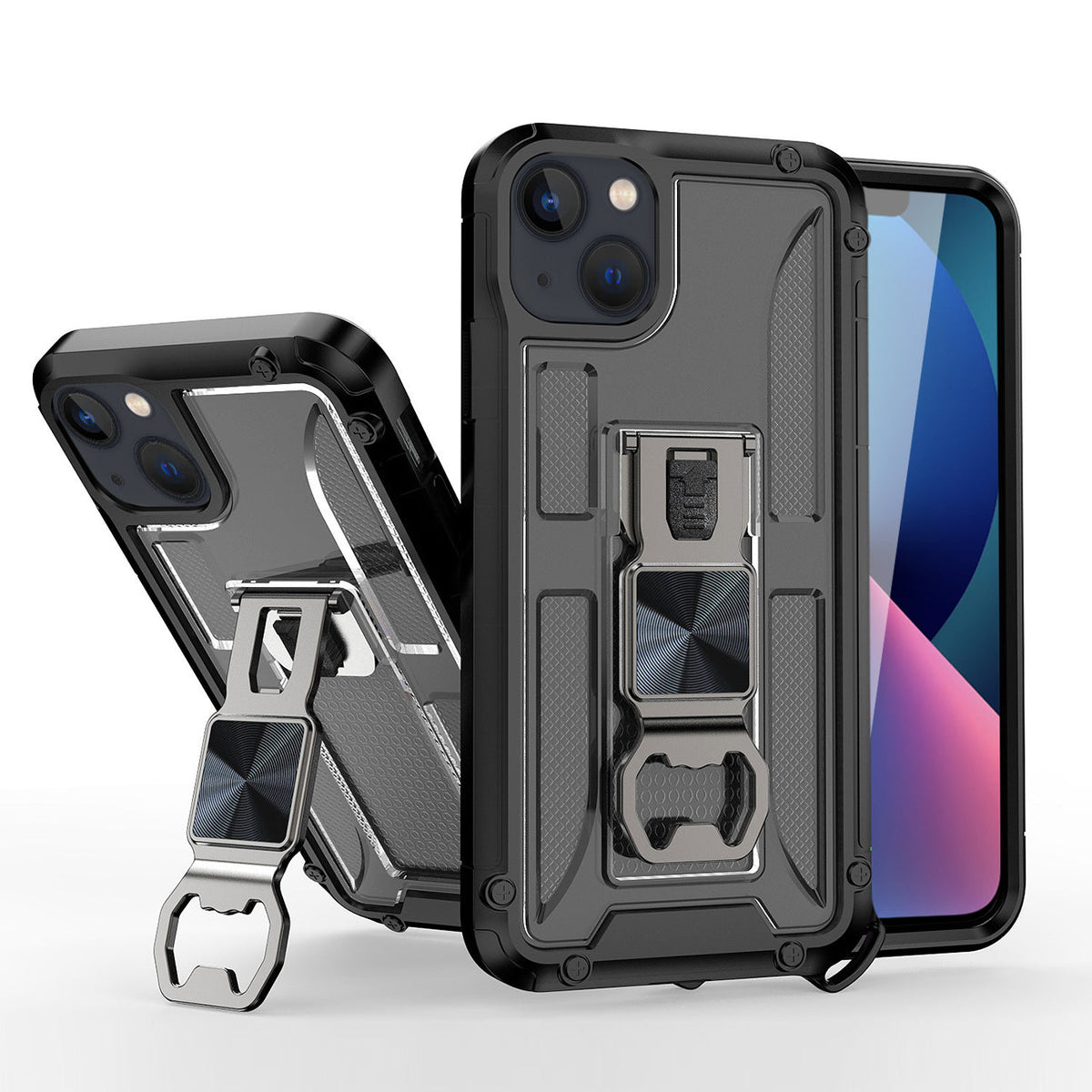 Kickstand Ring Holder/Bottle Opener Case with Magnetic Car Mount for APPLE IPHONE 13 In Black