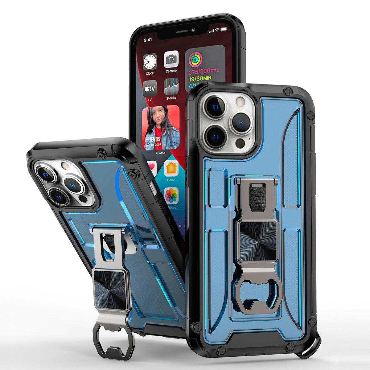 Kickstand Ring Holder/Bottle Opener with Magnetic Car Mount for APPLE IPHONE 13 Pro In Blue