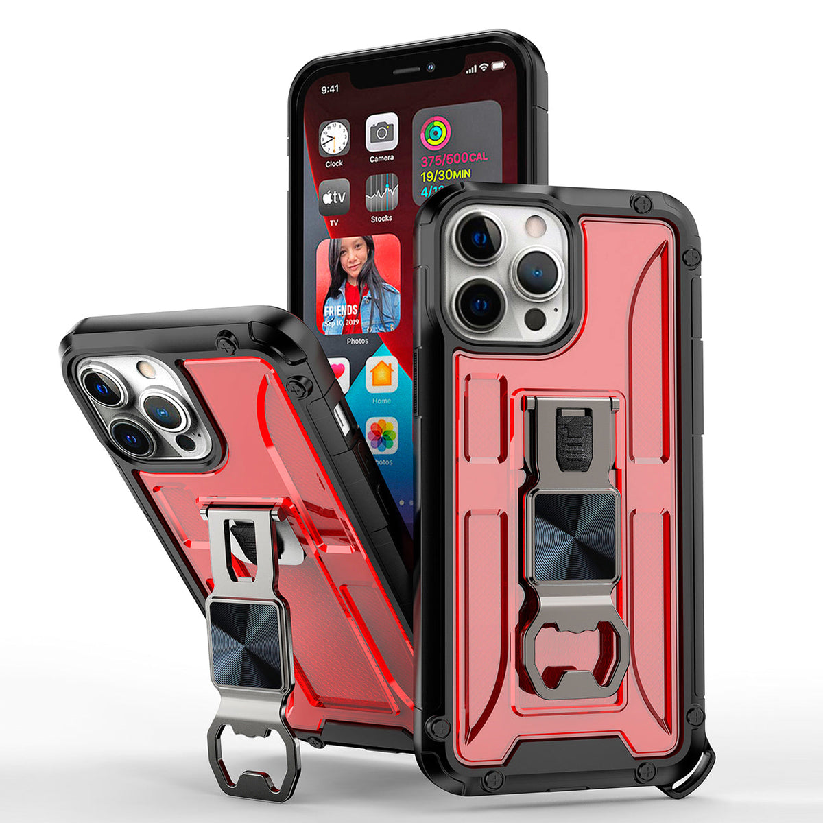 Kickstand Ring Holder/Bottle Opener with Magnetic Car Mount for APPLE IPHONE 13 Pro In Red