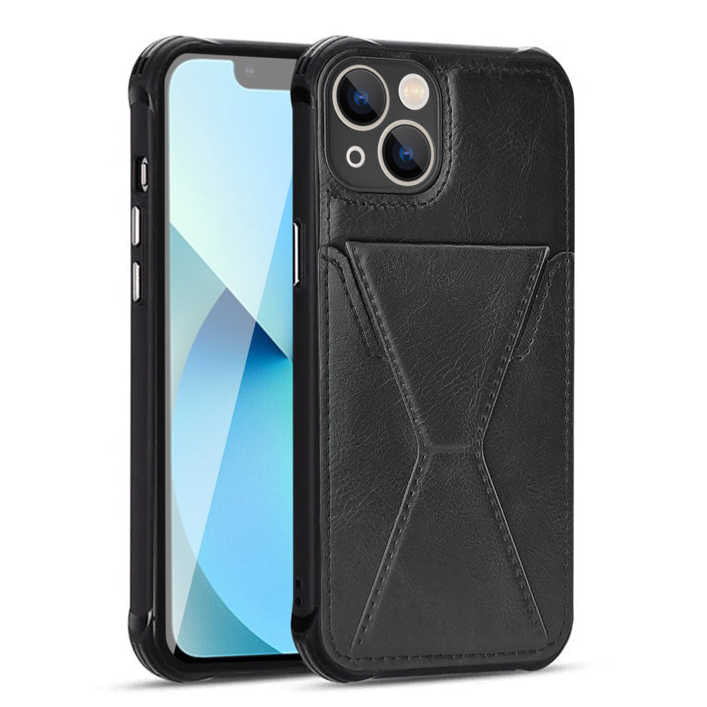 TPU Leather Phone Case for Apple iPhone 13 with Card Holder Strap In Black