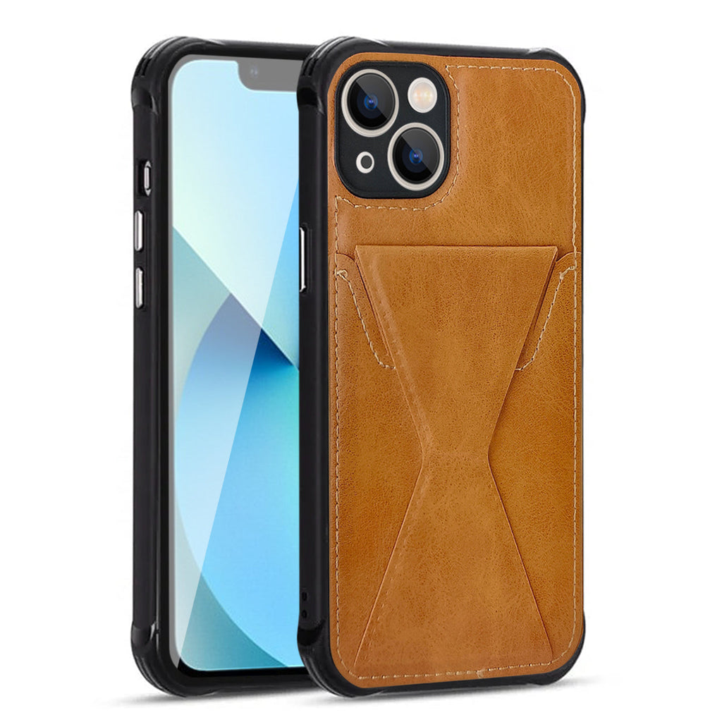 TPU Leather Phone Case for Apple iPhone 13 with Card Holder Strap In Brown
