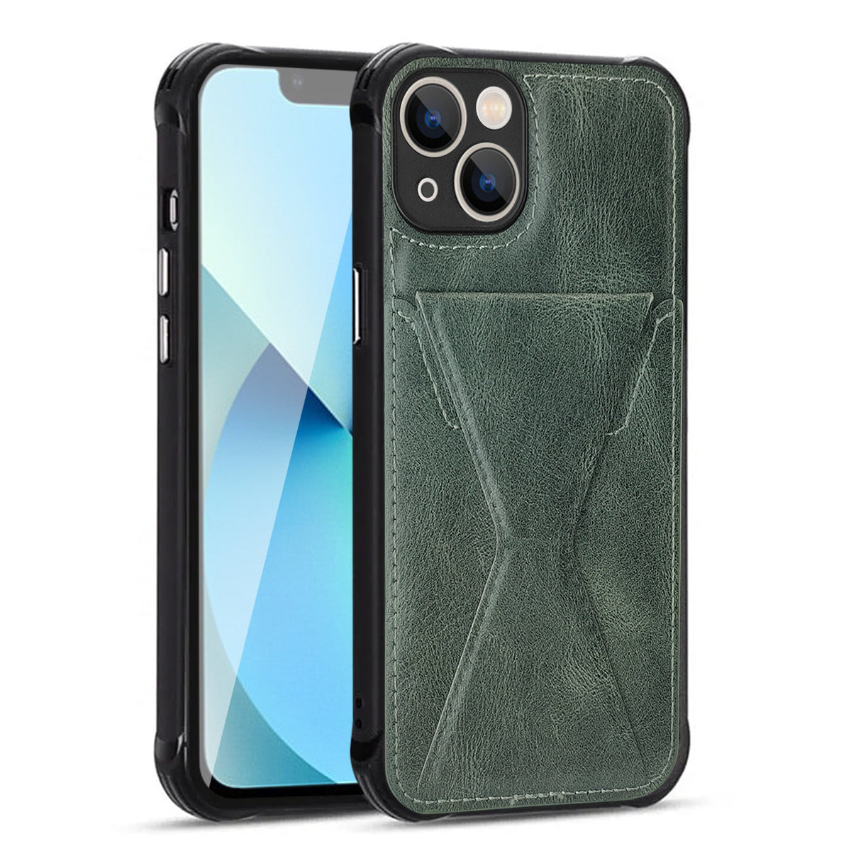 TPU Leather Phone Case for Apple iPhone 13 with Card Holder Strap In Green