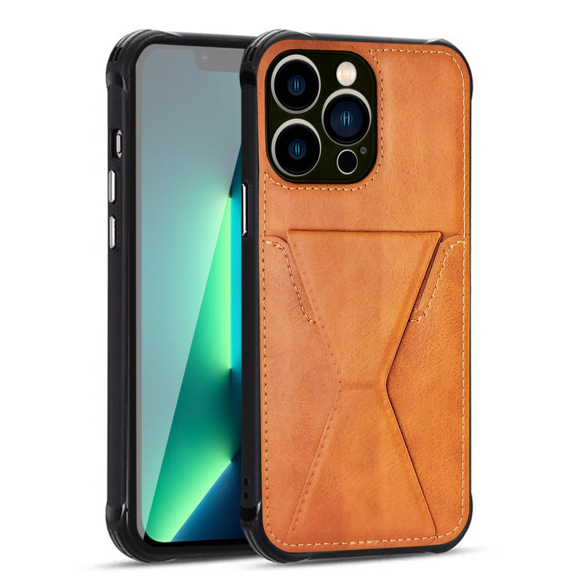 TPU Leather Phone Case for Apple iPhone 13 PRO with Card Holder Strap In Brown