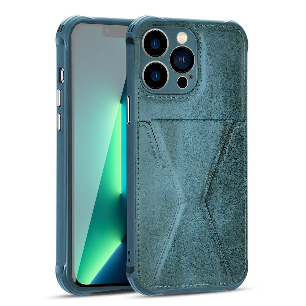 TPU Leather Phone Case for Apple iPhone 13 PRO with Card Holder Strap In Navy