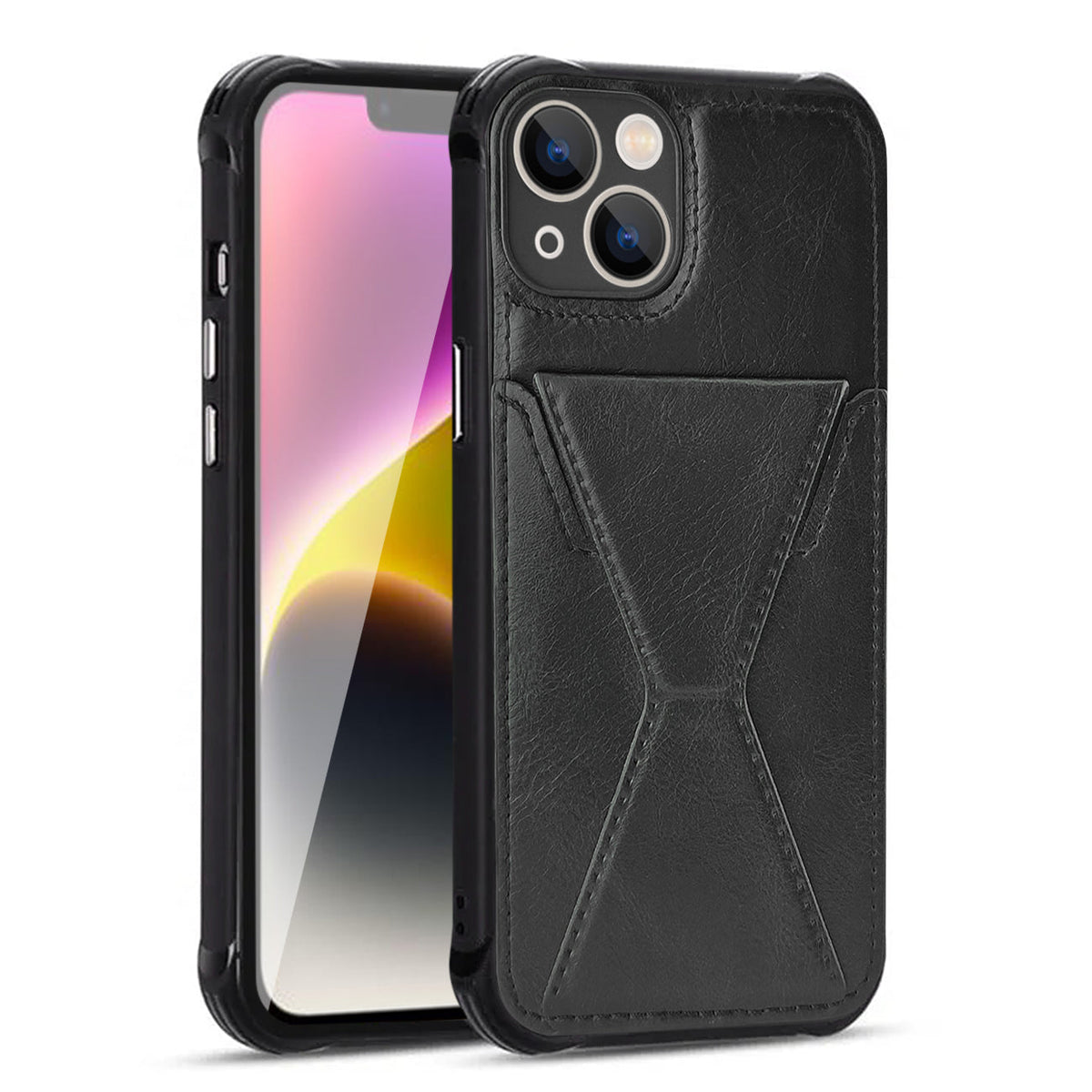 TPU Leather Phone Case for Apple iPhone 14 with Card Holder Strap In Black