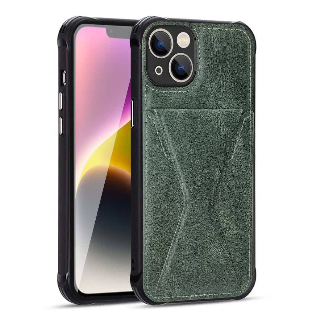 TPU Leather Phone Case for Apple iPhone 14 Plus with Card Holder Strap In Green