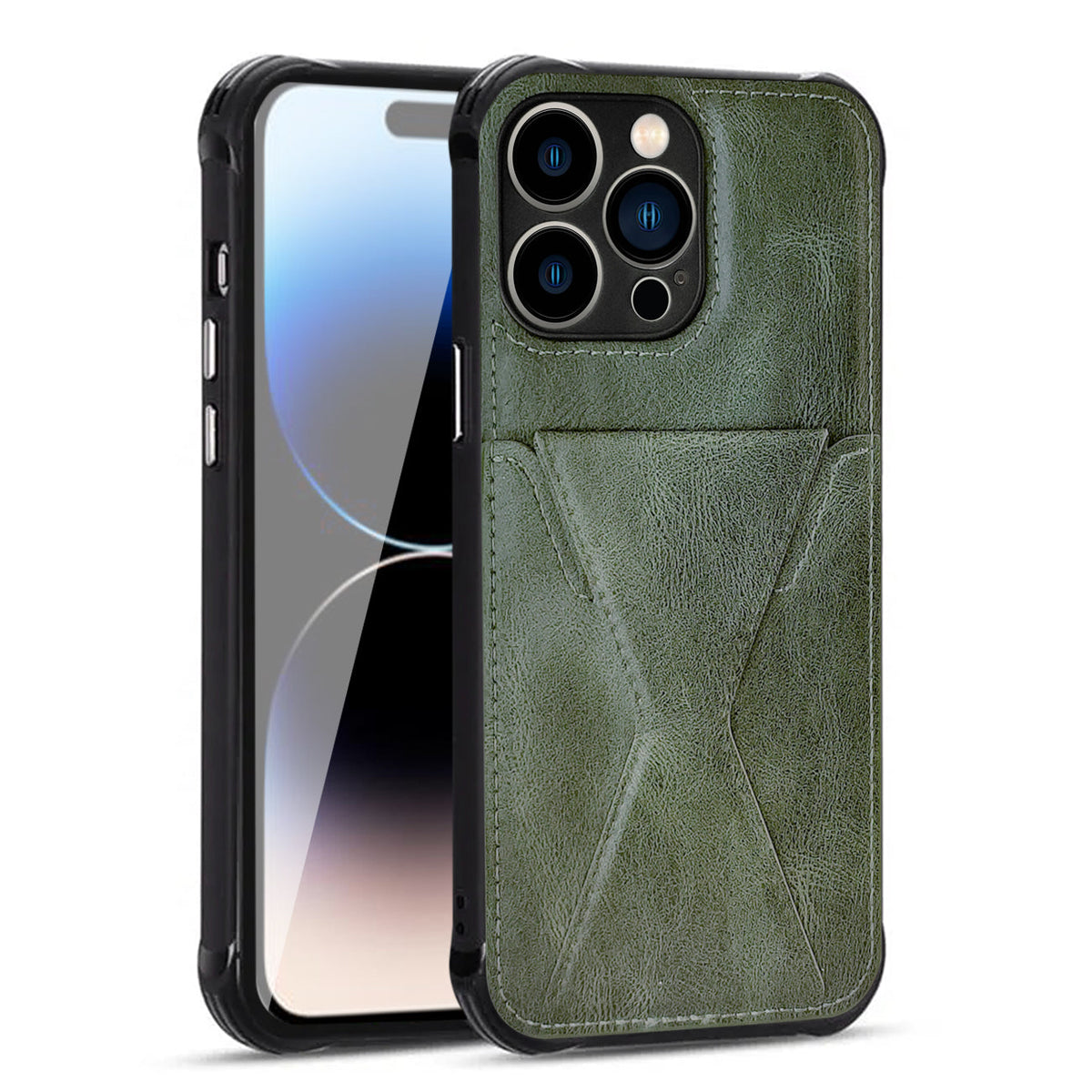 TPU Leather Phone Case for Apple iPhone 14 PRO with Card Holder Strap In Green