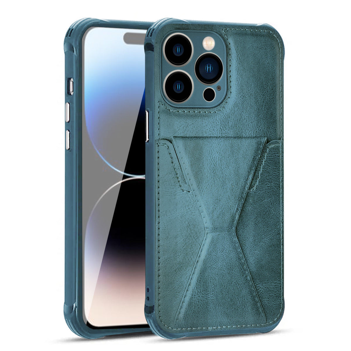 TPU Leather Phone Case for Apple iPhone 14 PRO with Card Holder Strap In Navy