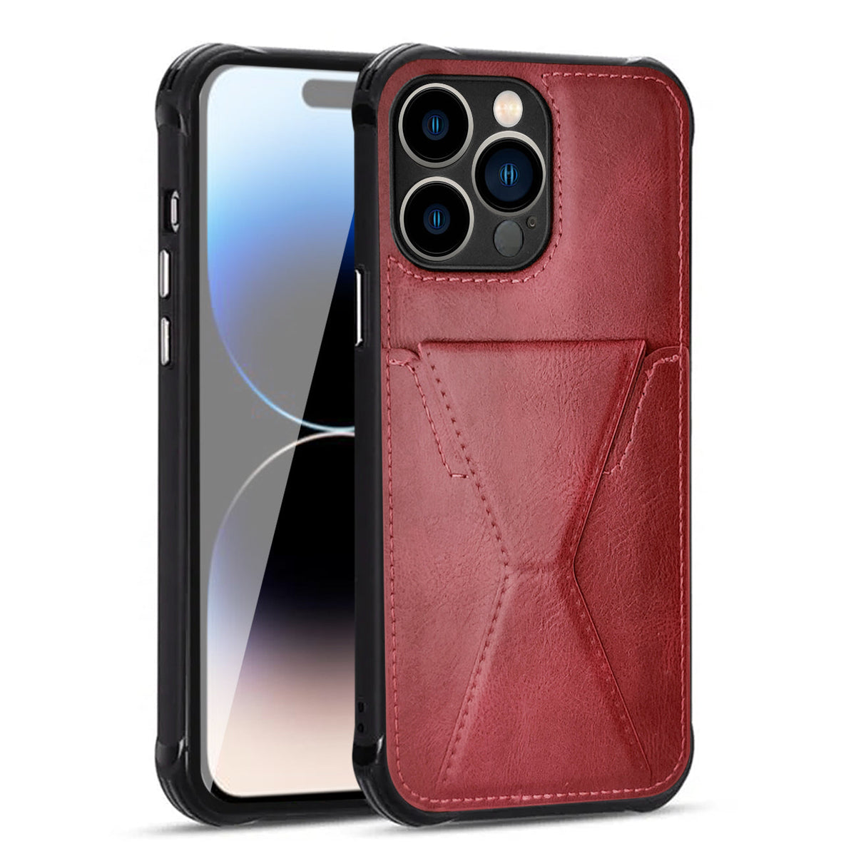 TPU Leather Phone Case for Apple iPhone 14 PRO with Card Holder Strap In Red