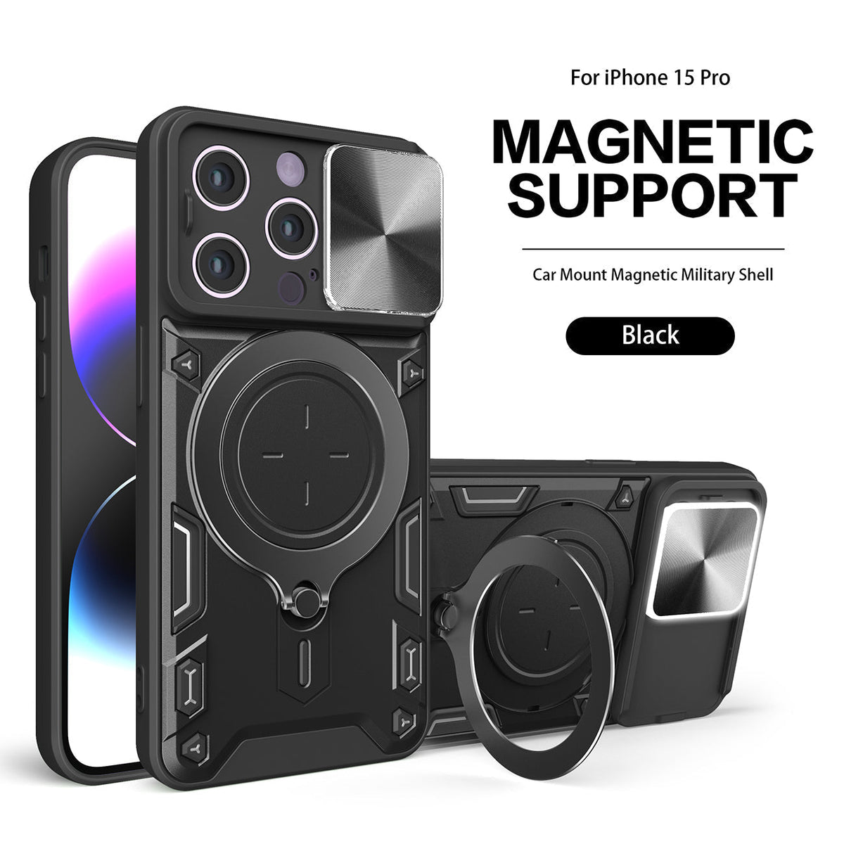 TPU PC Shockproof Magnetic Phone Case with Free Adjustment Ring Holder for IPHONE 15 PRO in Black