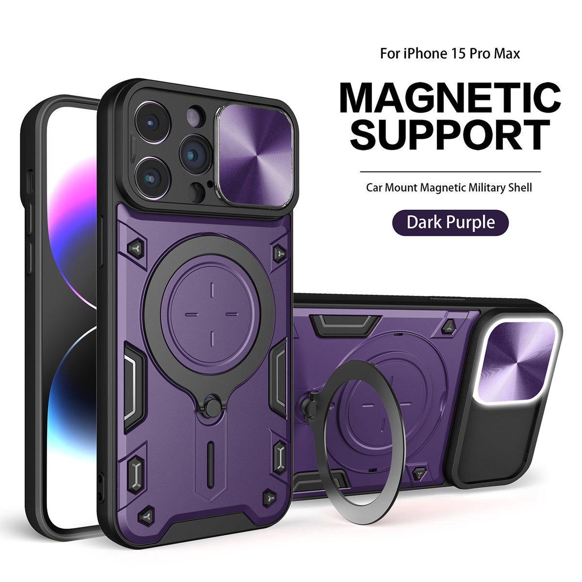 TPU PC Shockproof Magnetic Phone Case with Ring Holder for IPHONE 15 PRO MAX in Purple