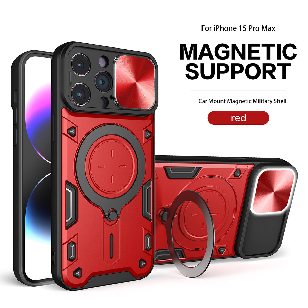 TPU PC Shockproof Magnetic Phone Case with Free Adjustment Ring Holder for IPHONE 15 PRO MAX in Red