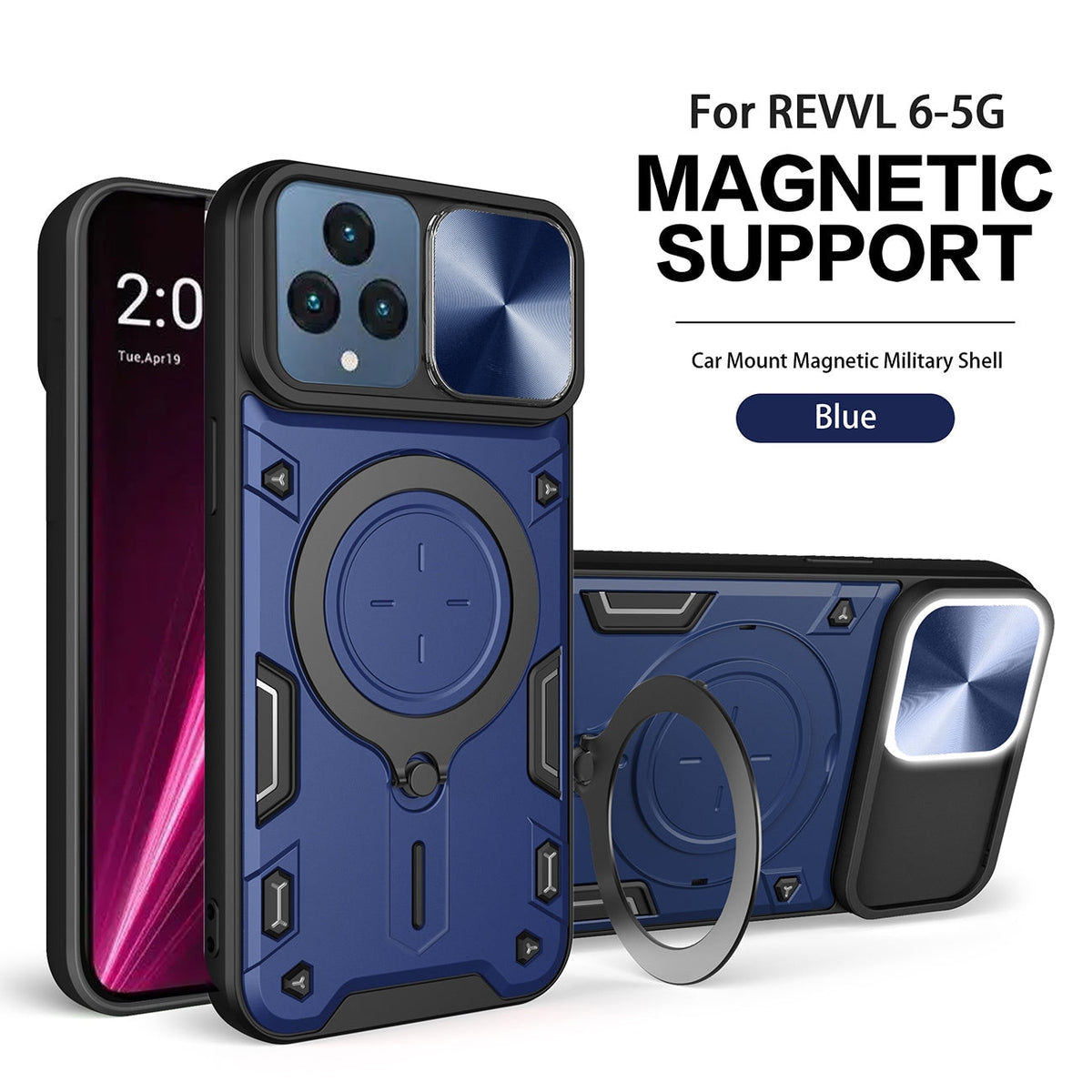 TPU PC Shockproof Magnetic Phone Case with Free Adjustment Ring Holder for REVVL 6 5G in Blue