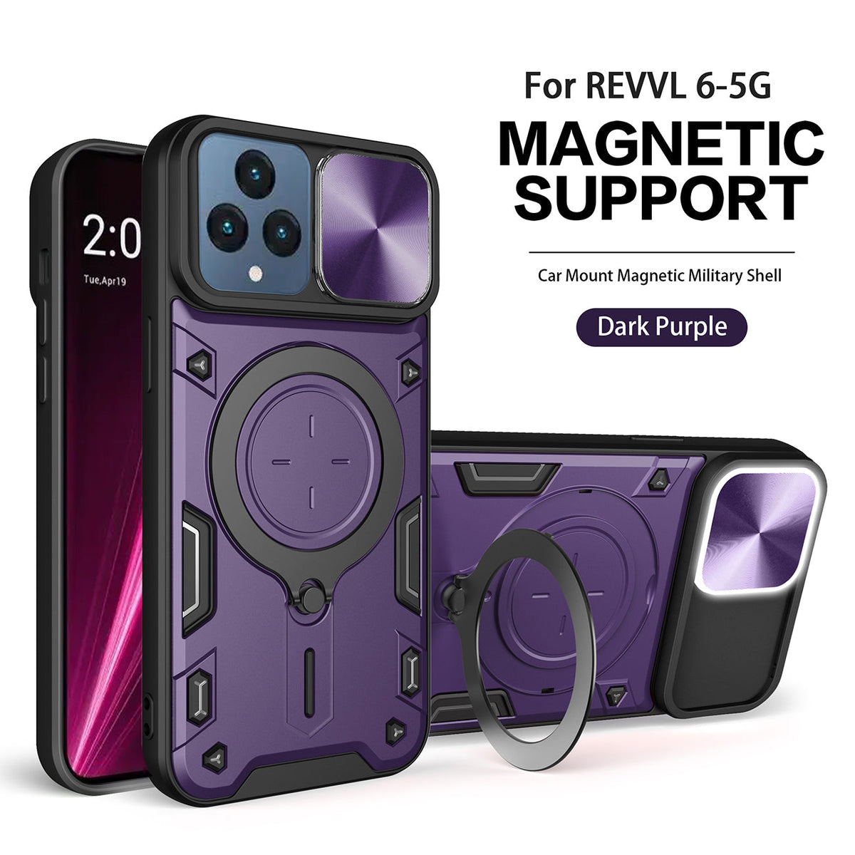 TPU PC Shockproof Magnetic Phone Case with Free Adjustment Ring Holder for REVVL 6 5G in Purple