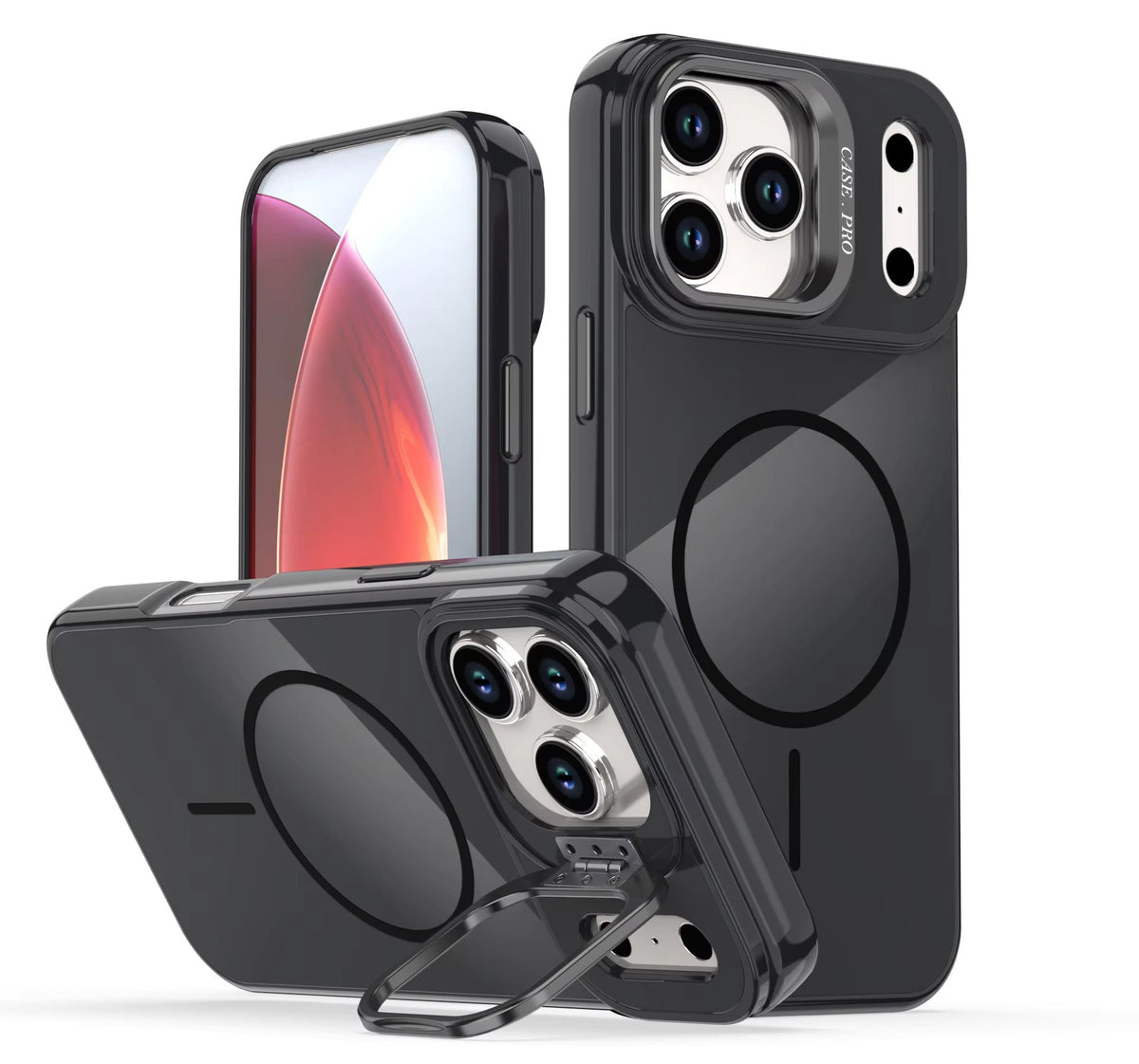 Reiko Built-in Stash Stand, Shockproof, Sturdy, Compatible with MagSafe Protection  Stylish Cover,  Compatible  with IPHONE 17 PRO  , PC76-IPH17PROBK