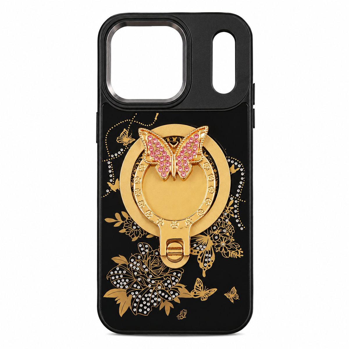 Glitter Sparkle Butterflies Ring Stand Bling Diamond Kickstand Shockproof Protective Cover in black, compatible for  IPHONE 17 PRO MAX & IPHONE 18 PRO MAX | SKU: PC83-IPH17MAXBK