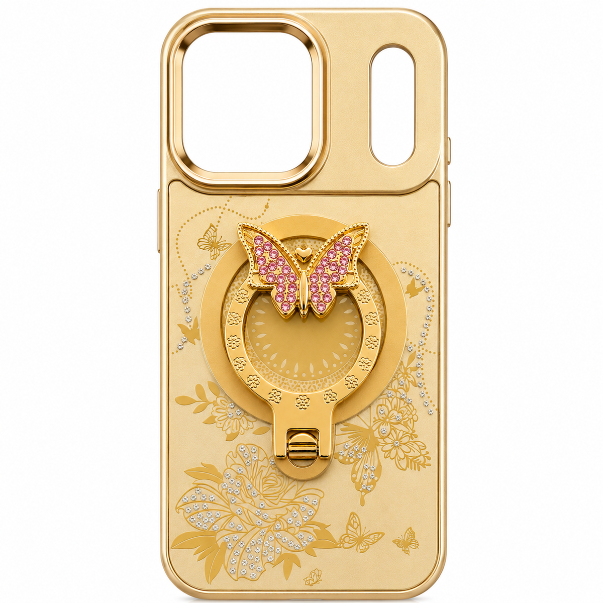 Glitter Sparkle Butterflies Ring Stand Bling Diamond Kickstand Shockproof Protective Cover in gold, compatible for  IPHONE 17 PRO / IPHONE 18 PRO | SKU: PC83-IPH17PROGD