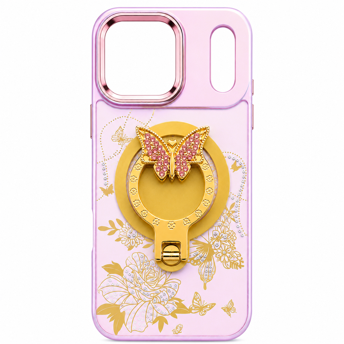 Glitter Sparkle Butterflies Ring Stand Bling Diamond Kickstand Shockproof Protective Cover in pink, compatible for IPHONE 17 PRO / IPHONE 18 PRO | SKU: PC83-IPH17PROPK