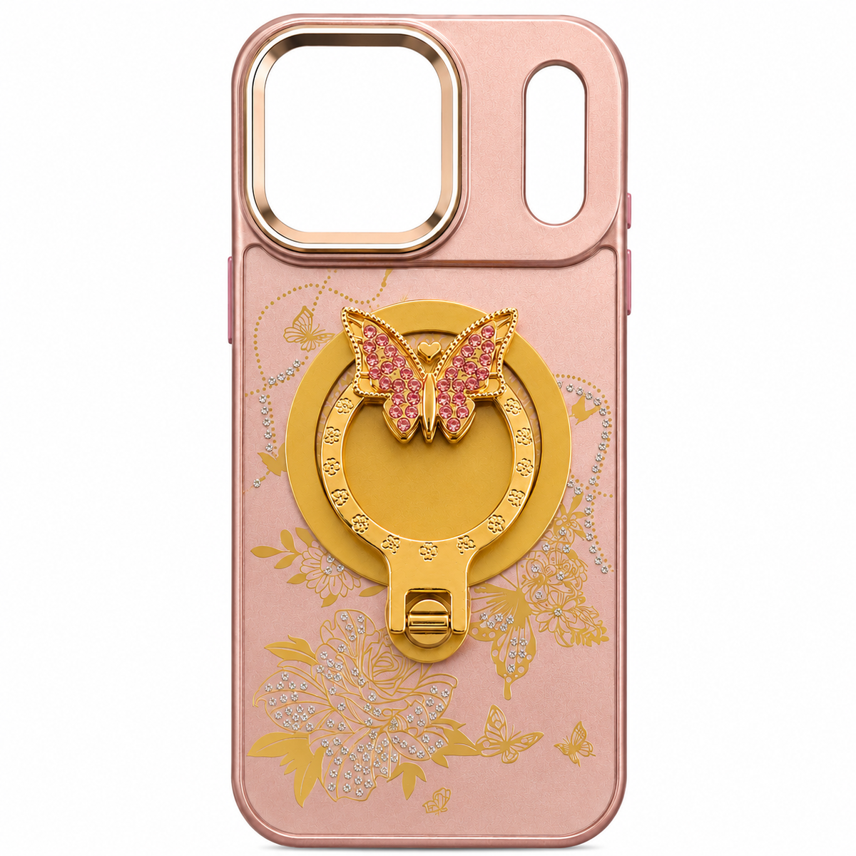 Glitter Sparkle Butterflies Ring Stand Bling Diamond Kickstand Shockproof Protective Cover in rose gold , compatible for  IPHONE 17 PRO / IPHONE 18 PRO | SKU: PC83-IPH17PRORG
