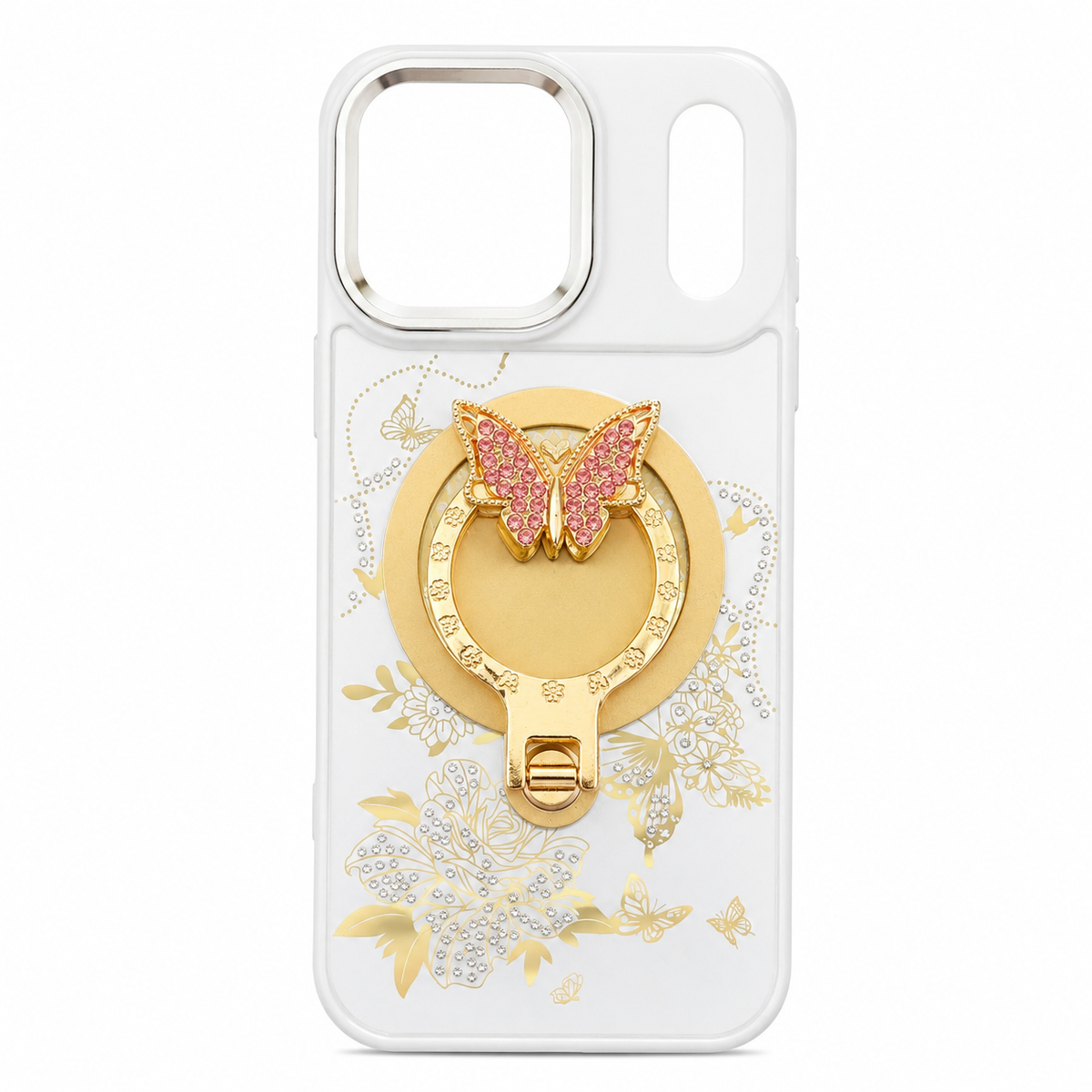 Glitter Sparkle Butterflies Ring Stand Bling Diamond Kickstand Shockproof Protective Cover in silver, compatible for IPHONE 17 PRO MAX & IPHONE 18 PRO MAX | SKU: PC83-IPH17MAXSL