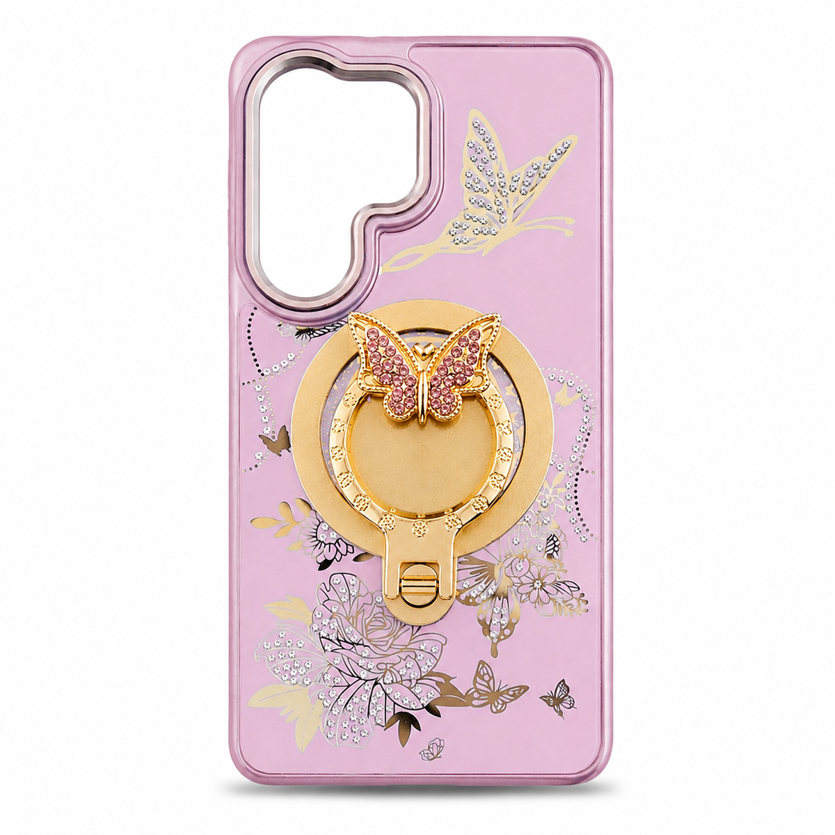 Glitter Sparkle Butterflies Ring Stand Bling Diamond Kickstand Shockproof Protective Cover in Pink, compatible for SAMSUNG S26 PLUS