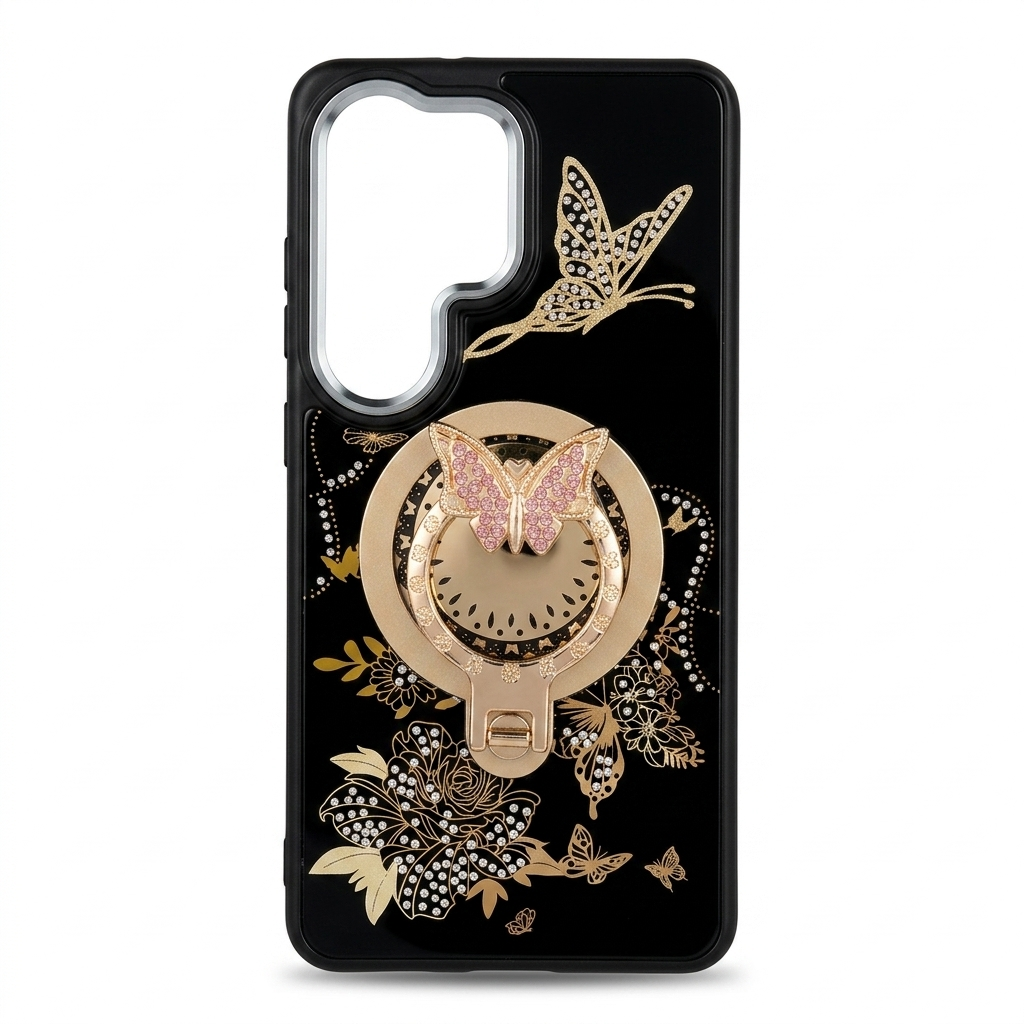 Glitter Sparkle Butterflies Ring Stand Bling Diamond Kickstand Shockproof Protective Cover in Black, compatible for  SAMSUNG S26 ULTRA