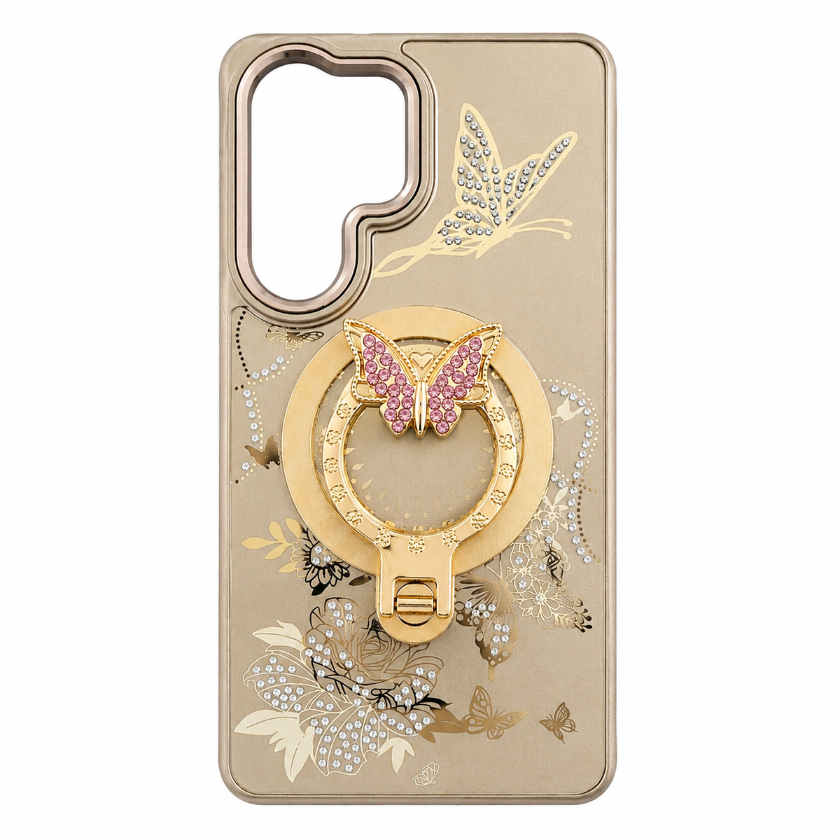 Glitter Sparkle Butterflies Ring Stand Bling Diamond Kickstand Shockproof Protective Cover in gold, compatible for  SAMSUNG S26