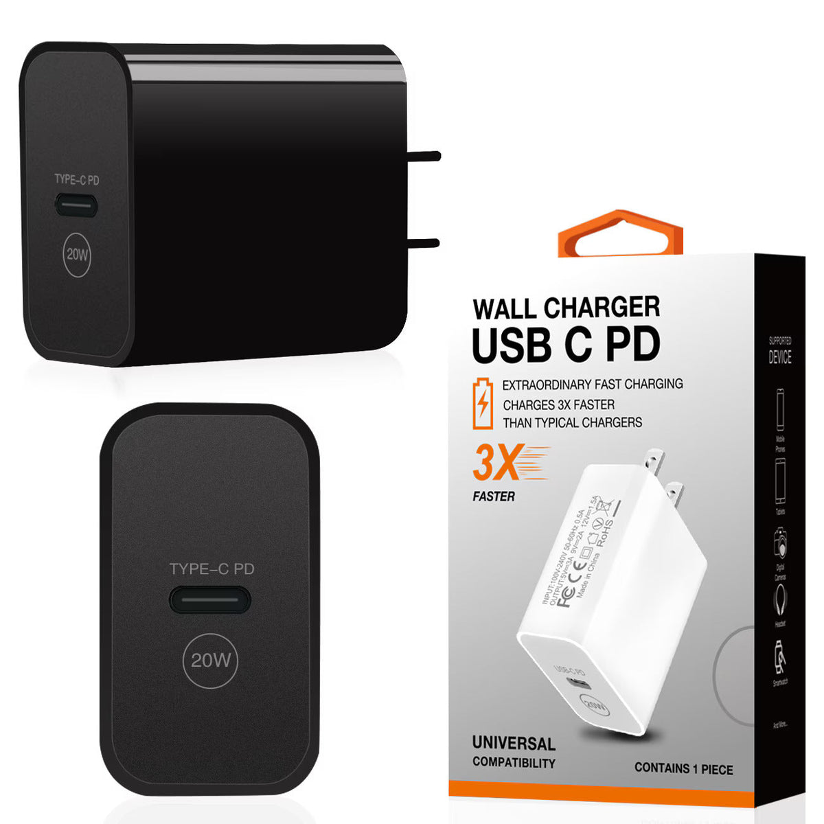 20W Power Delivery Travel Wall Charger Adapter with Type-C Port In Black  SKU:WC16-PD20WTYPECBK