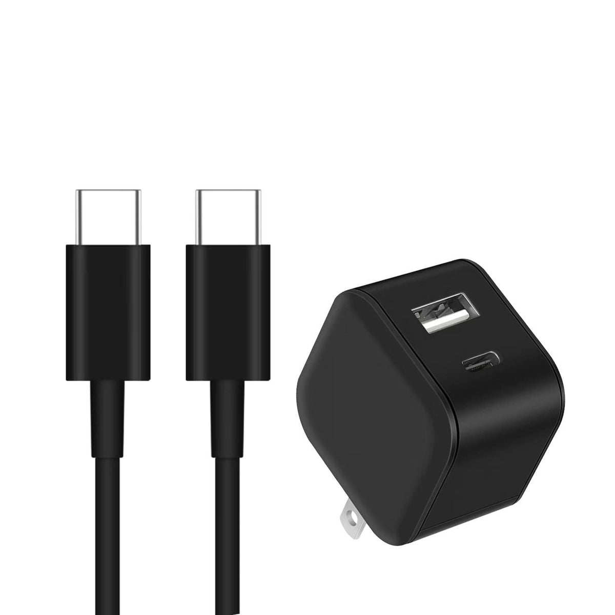 PD Dual Ports Travel Wall Charger Adapter Fast Charging with 3FT USB-C to Type-C Cable in Black SKU:WC2IN1-PD20WTYPECBK