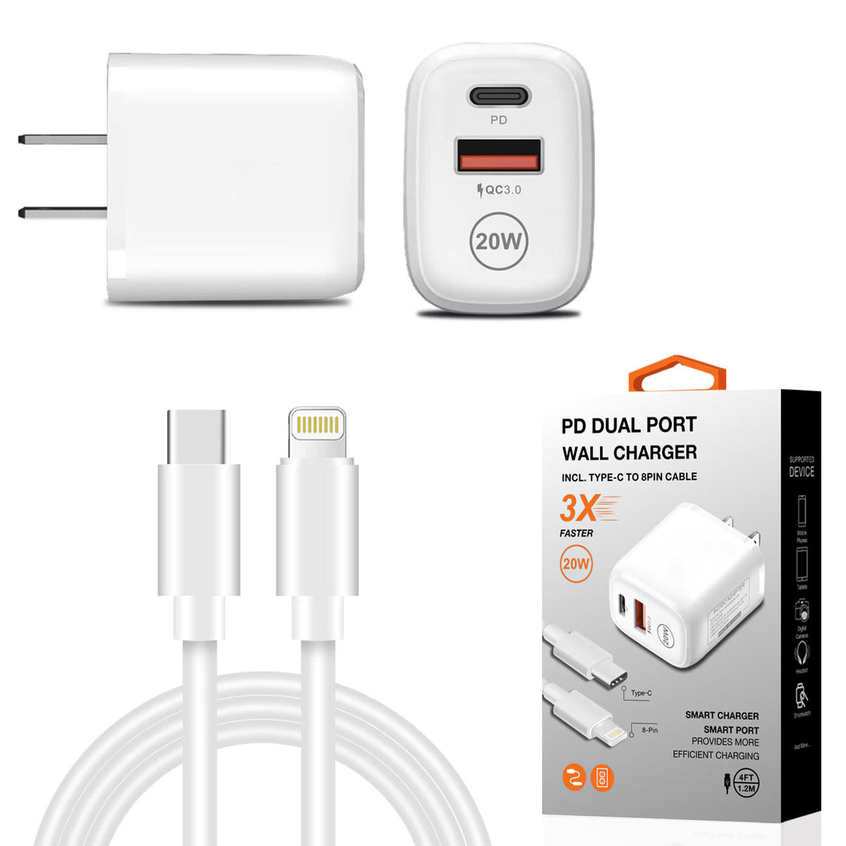 20W PD Dual Ports Travel Wall Charger Adapter Fast Charging with 4FT USB-C To 8-PIN Cable WC2IN1-PD8PWH