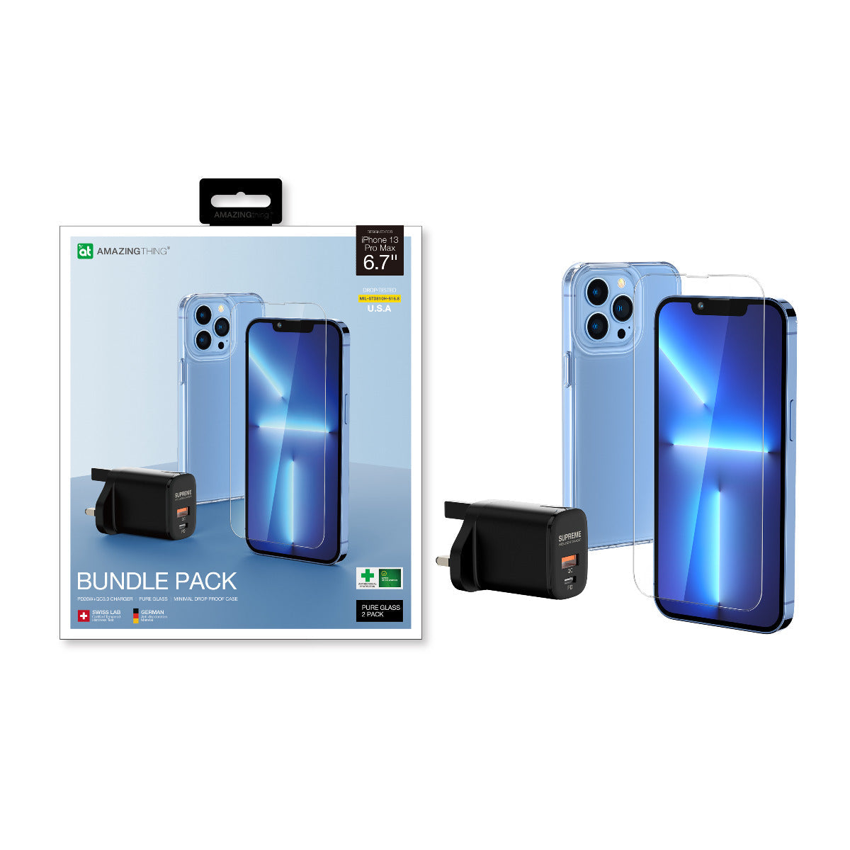 Amazing Thing iPhone 13 Pro Max Bundle: 1pc 20W Charging adapter + 1pc Drop-proof protective case + 2pc Tempered Glass